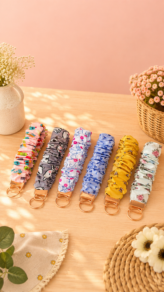Bracelet Porte-Clés Scrunchie en Tissu - 17cm | 6 Motifs Colorés
